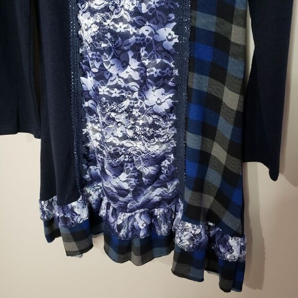 Papillon Small Long Sleeve Blue Lace Check Ruffles Grannycore Dress - Picture 3 of 12